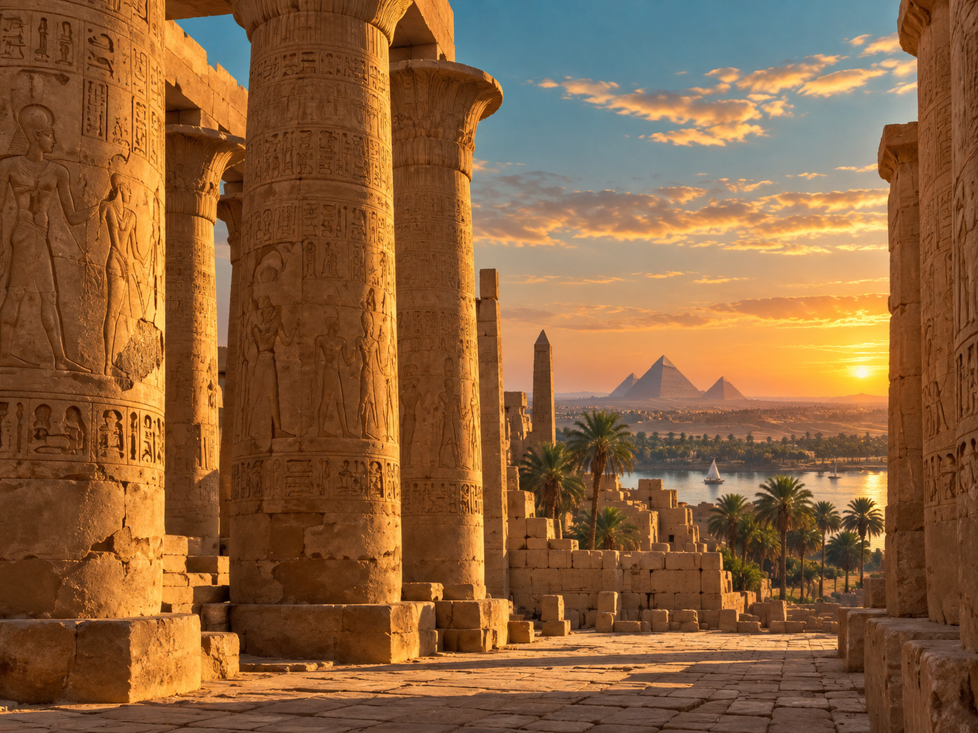 Temple égyptien au coucher du soleil